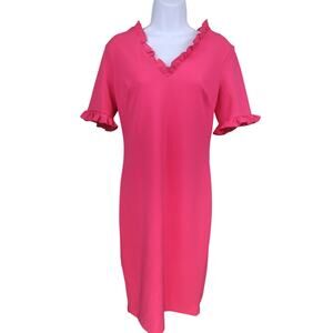 Calvin Klein Pink Ruffle V-Neck Sheath Dress Gold Back Zipper Size 8
